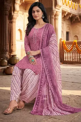 Pink printed cotton blend stitched geometric print salwar kurta dupatta for women