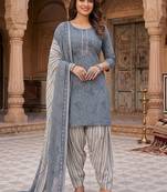 Grey printed cotton blend stitched geometric print salwar kurta dupatta for women