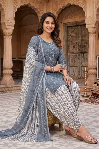 Grey printed cotton blend stitched geometric print salwar kurta dupatta for women