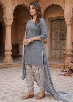 Grey printed cotton blend stitched geometric print salwar kurta dupatta for women 3