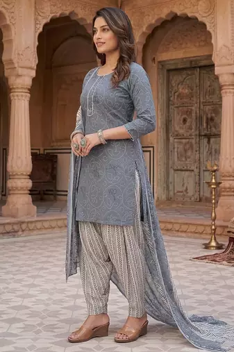 Grey printed cotton blend stitched geometric print salwar kurta dupatta for women