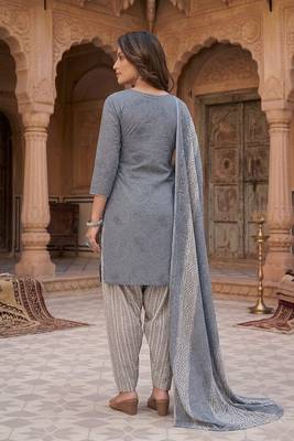 Grey printed cotton blend stitched geometric print salwar kurta dupatta for women 4