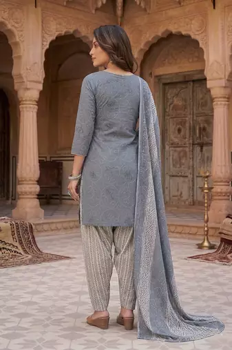 Grey printed cotton blend stitched geometric print salwar kurta dupatta for women
