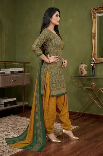 Green printed cotton blend stitched ethnic motifs print salwar kurta dupatta for women