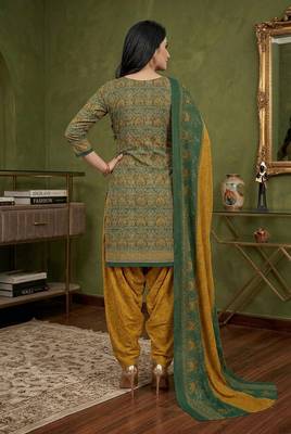 Green printed cotton blend stitched ethnic motifs print salwar kurta dupatta for women 3