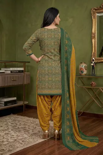 Green printed cotton blend stitched ethnic motifs print salwar kurta dupatta for women