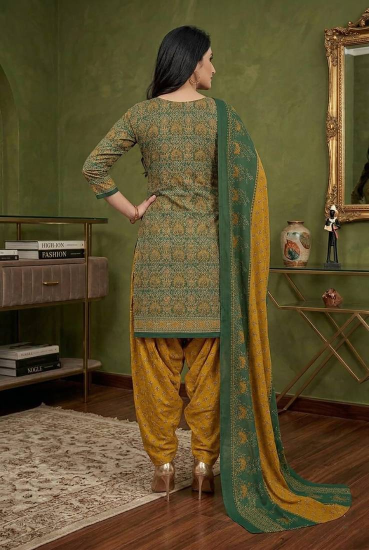 Green printed cotton blend stitched ethnic motifs print salwar kurta dupatta for women