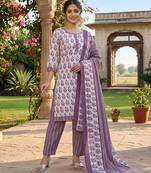 Purple printed cotton blend stitched floral print salwar kurta dupatta for women