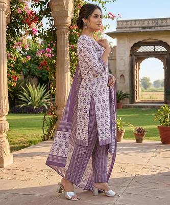 Purple printed cotton blend stitched floral print salwar kurta dupatta for women 2