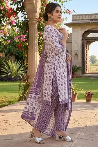Purple printed cotton blend stitched floral print salwar kurta dupatta for women