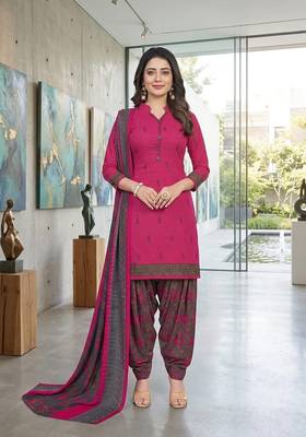 Pink printed cotton blend stitched floral print salwar kurta dupatta for women 1