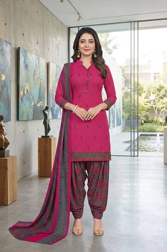 Pink printed cotton blend stitched floral print salwar kurta dupatta for women