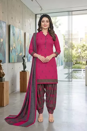 Pink printed cotton blend stitched floral print salwar kurta dupatta for women