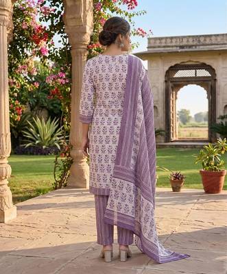 Purple printed cotton blend stitched floral print salwar kurta dupatta for women 3