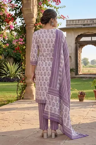 Purple printed cotton blend stitched floral print salwar kurta dupatta for women