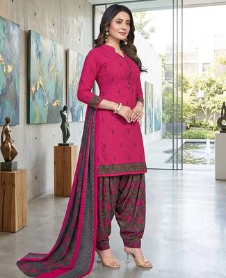 Pink printed cotton blend stitched floral print salwar kurta dupatta for women 2