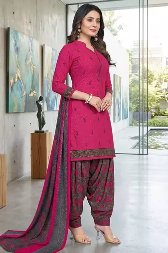 Pink printed cotton blend stitched floral print salwar kurta dupatta for women