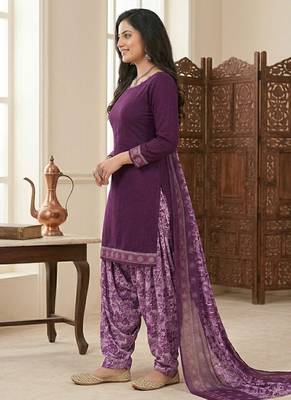 Purple printed cotton blend stitched floral print salwar kurta dupatta for women 2