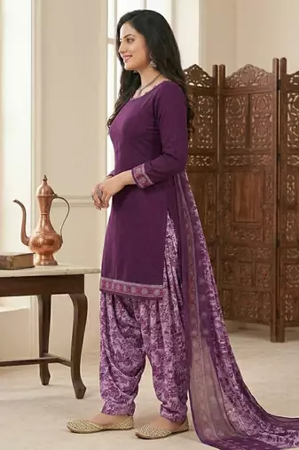 Purple printed cotton blend stitched floral print salwar kurta dupatta for women