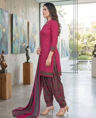 Pink printed cotton blend stitched floral print salwar kurta dupatta for women 3