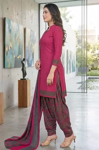 Pink printed cotton blend stitched floral print salwar kurta dupatta for women