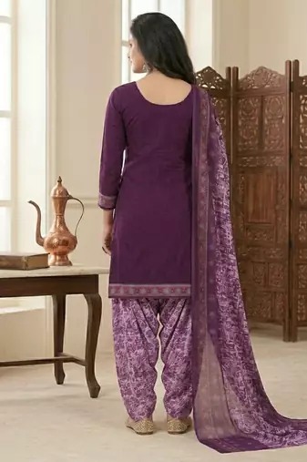 Purple printed cotton blend stitched floral print salwar kurta dupatta for women