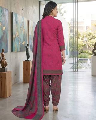 Pink printed cotton blend stitched floral print salwar kurta dupatta for women 4