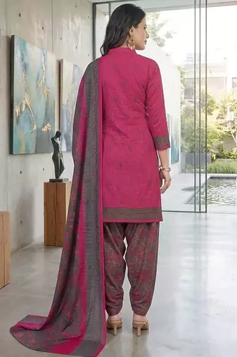 Pink printed cotton blend stitched floral print salwar kurta dupatta for women