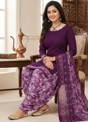 Purple printed cotton blend stitched floral print salwar kurta dupatta for women 4