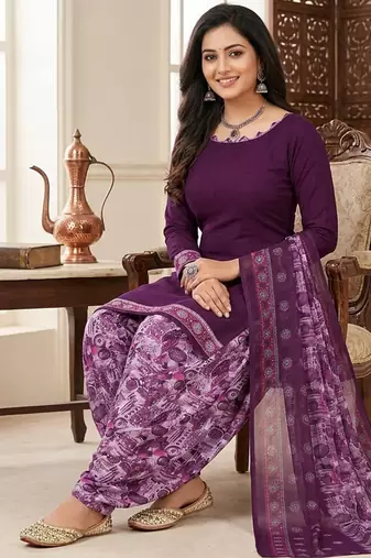 Purple printed cotton blend stitched floral print salwar kurta dupatta for women