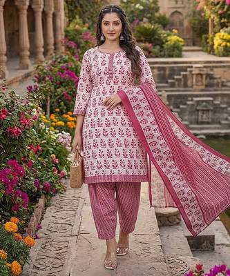 Pink printed cotton blend stitched floral print salwar kurta dupatta for women 1