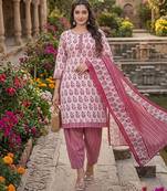 Pink printed cotton blend stitched floral print salwar kurta dupatta for women