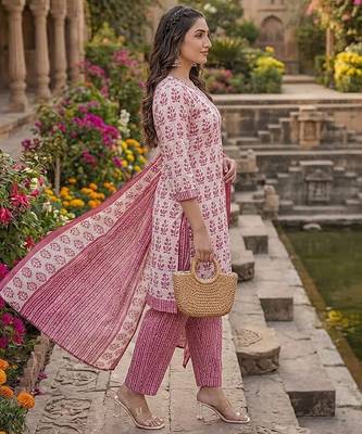 Pink printed cotton blend stitched floral print salwar kurta dupatta for women 2