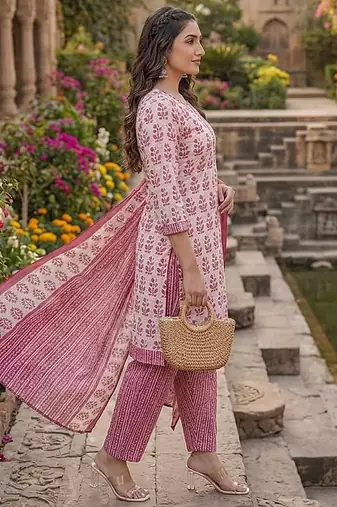 Pink printed cotton blend stitched floral print salwar kurta dupatta for women