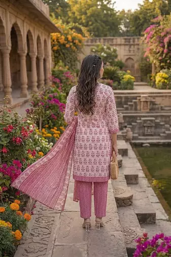Pink printed cotton blend stitched floral print salwar kurta dupatta for women