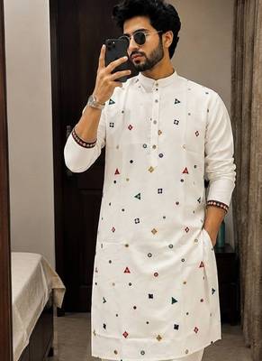 White cotton embroidery party wear kurta and dhoty 2