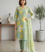 Green printed cotton blend stitched floral print salwar kurta dupatta for women