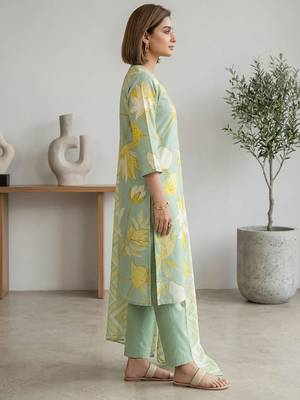 Green printed cotton blend stitched floral print salwar kurta dupatta for women 2