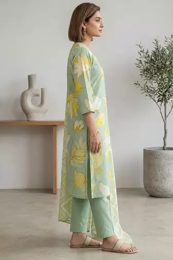 Green printed cotton blend stitched floral print salwar kurta dupatta for women