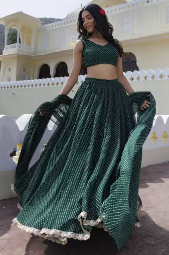 Regal Bottle Green Laheriya Printed Georgette Mehendi Wear Lehenga Choli