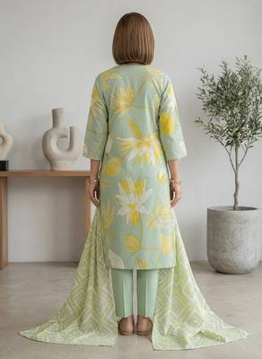 Green printed cotton blend stitched floral print salwar kurta dupatta for women 3