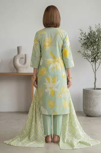 Green printed cotton blend stitched floral print salwar kurta dupatta for women