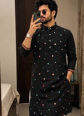 Black cotton embroidery party wear kurta and dhoty 2