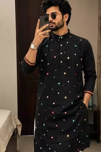 Black cotton embroidery party wear kurta and dhoty