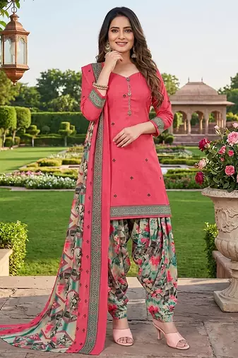 Pink printed cotton blend stitched floral print salwar kurta dupatta for women
