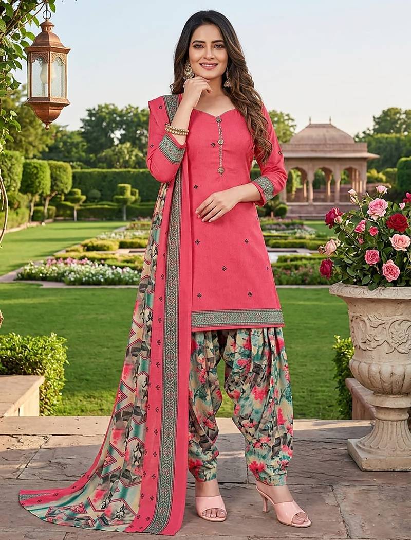 Pink printed cotton blend stitched floral print salwar kurta dupatta for women