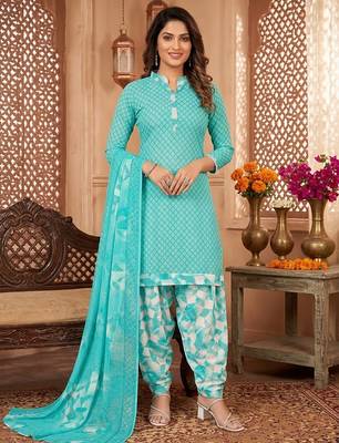 Aqua blue printed cotton blend stitched geometric print salwar kurta dupatta for women 5