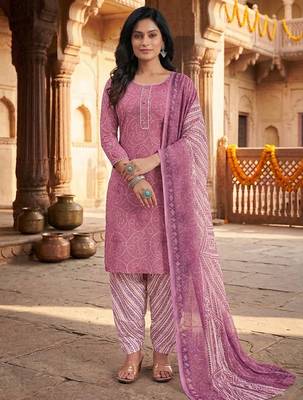 Pink printed cotton blend stitched geometric print salwar kurta dupatta for women 4