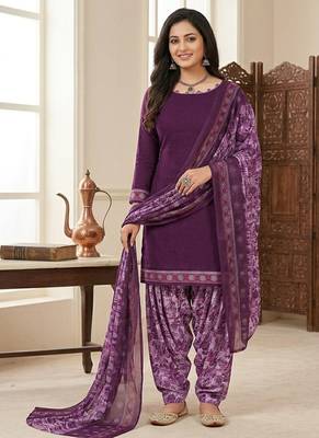 Purple printed cotton blend stitched floral print salwar kurta dupatta for women 5
