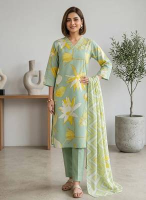 Green printed cotton blend stitched floral print salwar kurta dupatta for women 4